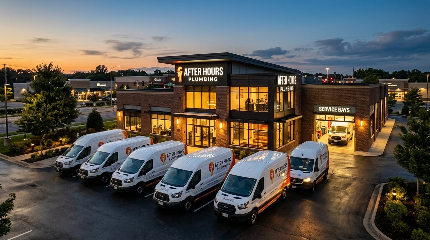 After Hours Plumbing headquarters depot and fleet service vehicles ready for 24/7 residential dispatch