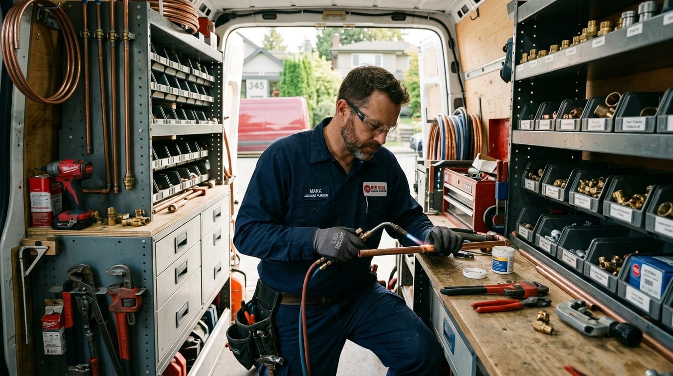 Certified residential technician working in a fully equipped mobile plumbing van workshop